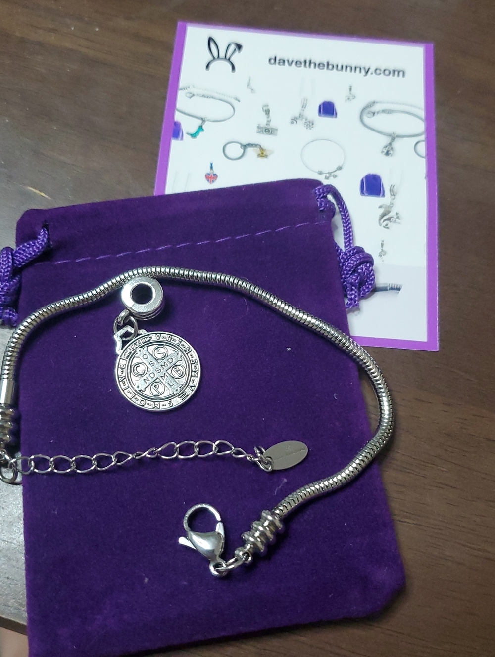 Silver Charm Bracelet with Purple Pouch - Davethebunny